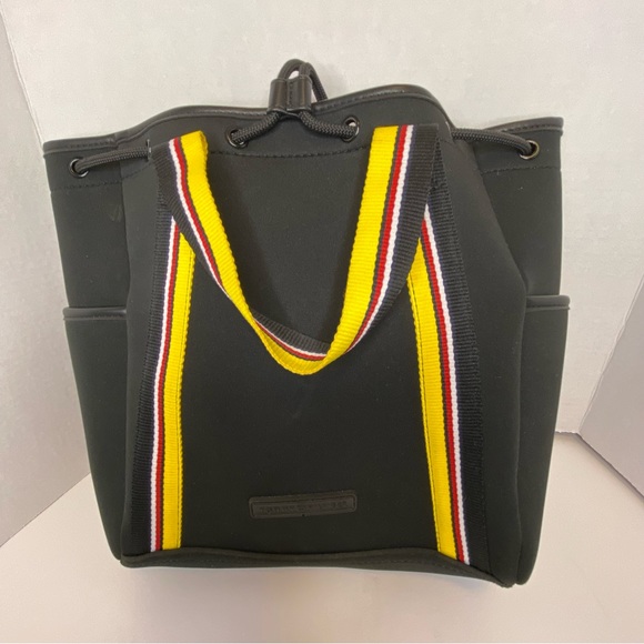 Tommy Hilfiger Drawstring Backpack Black and Yellow with Multicolored Straps - Picture 1 of 10